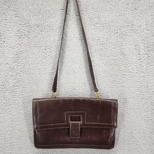 Vintage Anne Klein Dark Brown Leather Shoulder Bag Flap Closure Gold Lion Accent